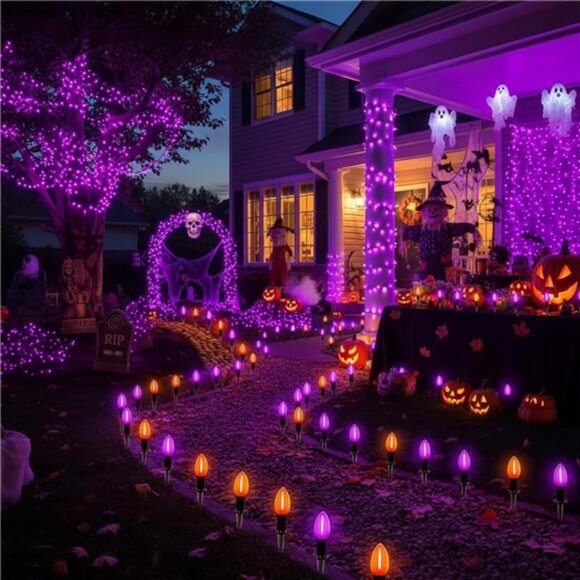Halloween Pathway Lights, 10 Pack C9 LED Stake Lights with Purple & Orange - Picture 6 of 8